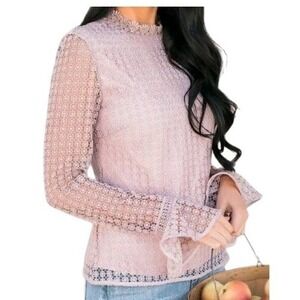 RACHAEL PARCELL Genevieve Dusty Pink Lace Mock Neck Bell Sleeve Top NWOT‎ Small